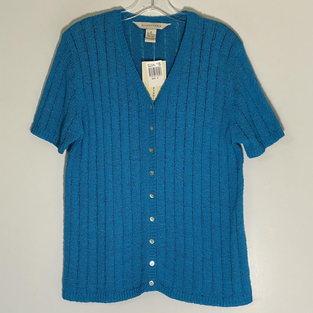 Melrose Studio Cardigan Sweater Womens Medium Blue Open Knit Button Front